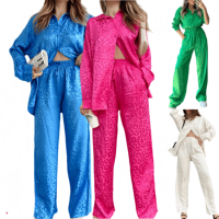 Ensemble 2 pièces pour femmes tendance, chemise à manches longues à col rabattu, pantalon long à jambes droites, ensemble 2 pièces décontracté et élégant pour femmes