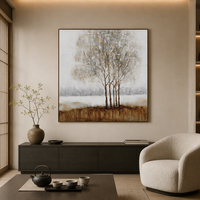Peinture à l'huile texturée de paysage aux tons neutres, art mural, paysage hivernal, arbres brumeux pour la décoration intérieure, peintures de natures mortes