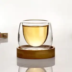 60毫升迷你小耐热透明带木托盘玻璃咖啡茶杯双壁饮料玻璃杯