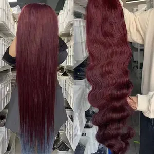 Vor gezupfter Haaransatz mit Babyhaar Remy Hair 13*6 Lace Front Part 99J Burgunder Echthaar Body Wave Lace Front Perücken für Frauen