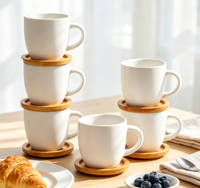 Lot de 6 tasses et mugs à expresso en céramique noire mate style nordique avec soucoupes en bois, logo personnalisé, empilables, compatibles micro-ondes, idéal pour cadeau