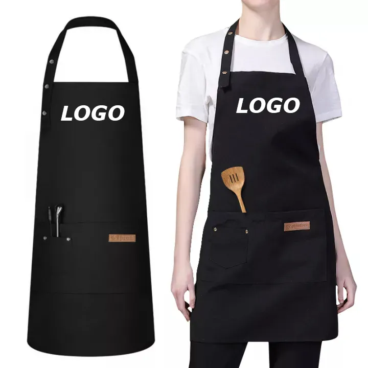 Delantal lavable con correa ajustable para cuello, delantal de algodón lavable de bolsillo negro para restaurante, con logotipo personalizado, de alta calidad