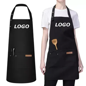 High Quality Adjustable Strap Washable Apron Neck Black Washed Pocket Cotton Restaurant Apron With Logo Custom