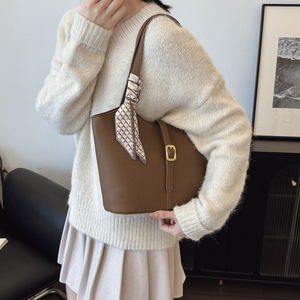 Tas Tote wanita, tas bahu wanita kapasitas besar pita sederhana warna Solid - Product Image 4