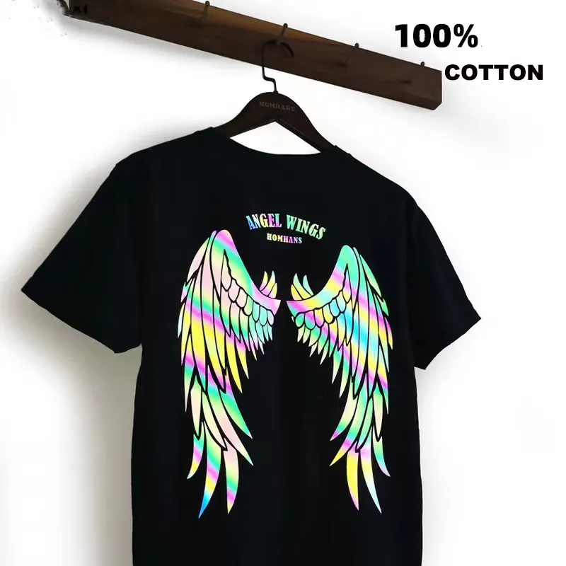 T-shirt réfléchissant arc-en-ciel personnalisé t-shirt holographique en gros 100% coton chemises vierges avec vinyle réfléchissant coloré