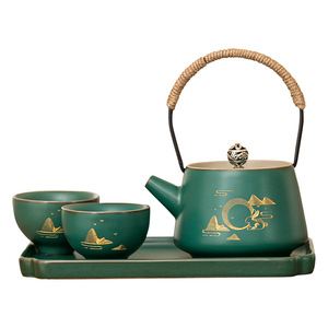 Juego de té de cerámica Kung Fu, una tetera y dos tazas, verde con diseño de paisaje dorado, para preparar té y regalar. - Product Image 5