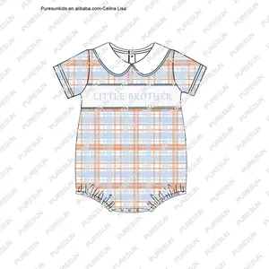 Puresun Custom Smocked Kids Clothing Litter Brother Embroidery Bubble Rompers Plaid Newborn Baby Boy Romper