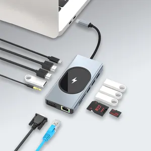 Concentrador de red Usb C 12 en 1, con 15W de carga inalámbrica, 3,0, 5Gbps, Dual, 4K, HD, MST, Ethernet, 3,5mm, para Macbook, portátil, estación de acoplamiento