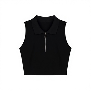 Camiseta sin mangas negra con logotipo personalizado bordado para mujer, top de verano con media cremallera, ajustado, informal, de seda/algodón transpirable, tipo polo con cremallera. - Product Image 2