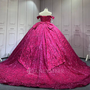 Lsmu163 Elegante Vestido de Quinceañera Fucsia con Corsé, Lentejuelas, Largo hasta el Suelo, Escote Corazón, con Cuentas y Encaje - Product Image 4