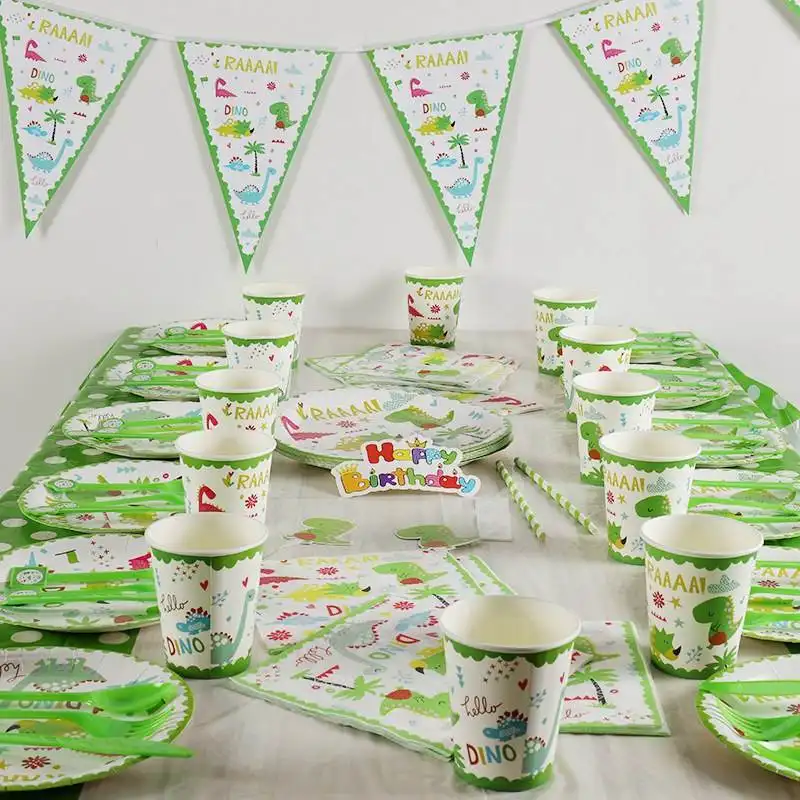 10 invités dessin animé dinosaure fête d'anniversaire ensemble jetable assiette en papier chapeau tasse fanion vert mignon enfant fête fournitures