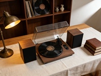 Tourne-disque vinyle sans fil BT professionnel Hi-Fi audiophile à 3 vitesses avec enceintes externes de type bibliothèque