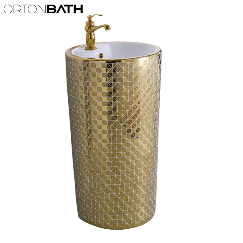 ORTONBATH Golden Net Art Round Bowl Middle East Bathroom Ceramic Floor Standing Pedestal Vanity Wash Basin with Single Tap Hole