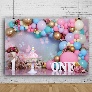 7x5ft Hintergrund zum ersten Geburtstag für Mädchen, rosa Luftballons, 3D-Fotografie-Hintergrund, Dekorationen für die erste Geburtstagsfeier des Mädchens, Neugeborenen-Party-Dekorationen - Product Image 1