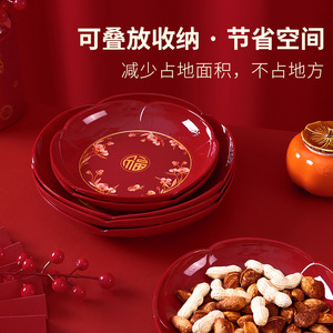 Red Fruit Plate Round Plastic Reusable For Chinese New Year Wedding Party Snack Serving Dish - Product Image 3