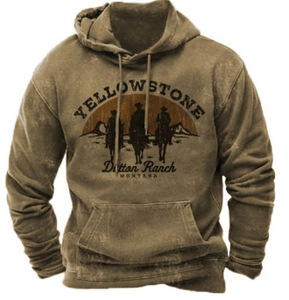 Felpa con Cappuccio Stile Cowboy Retrò Personalizzata 2025 per Uomo, Motivo Pietra Gialla, Stampa Effetto Lavato, Vestibilità Casual Ampia, Tessitura all'Uncinetto, Stagione Autunnale - Product Image 3