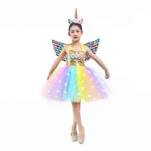 Gaun Tutu Anak Unicorn Gaun Kasa Berpayet Gaun Malam Renda Jala Warna-warni