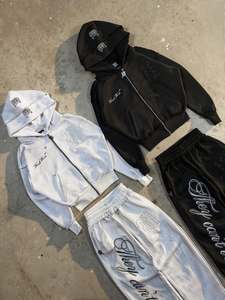OEM Factory Custom Heavyweight French Terry <b>Set</b> Distressed Patch Embroidery Rhinestone Zip up Hoodie Tracksuits For Men - Product Image 2