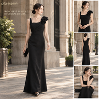 Robe longue noire à col carré pour femme, corsage plissé, épaules à volants, soirée, personnalisable OEM, marque privée