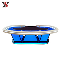Mesa de Póker LED Personalizada YS OEM con Pedestal Dividido, Fieltro Azul y Negro, Rieles Crema, Soportes Dorados, para 8 Jugadores, Baccarat, Casino