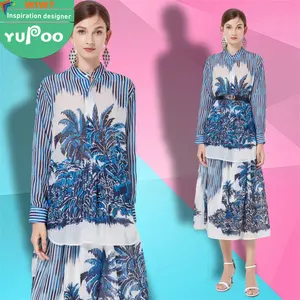 Spot sales 2024 new woman clothes wholesale fashion apparel elegant printed long-sleeved top + half lady dresses two-piece suit