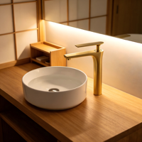 Robinet de lavabo sur pied doré - Robinet de salle de bain monocommande en laiton massif, design moderne à arc élevé pour lavabo sur comptoir, style contemporain