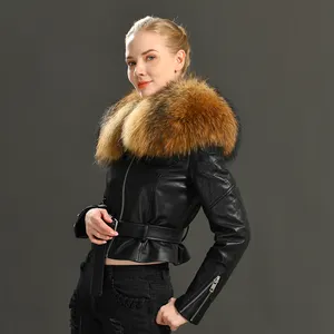 Hoge Kwaliteit Vrouwen Echte Schapenvacht Jas Jas Luxe Grote Wasbeer Bontkraag Groothandel Dames Real Leather Motorcycle Jacket