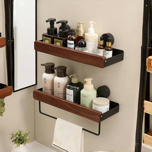 Étagère de salle de bain en bois de noyer à 2 niveaux, fixation par ventouse, sans perçage, pour rangement sous l'évier ou près des toilettes - Product Image 1
