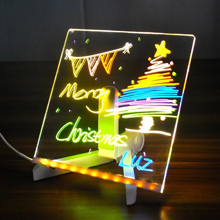 Tablero de notas LED portátil con bolígrafos de colores acrílico Tablero de dibujo de borrado en seco Regalo para niños Adorno de Navidad