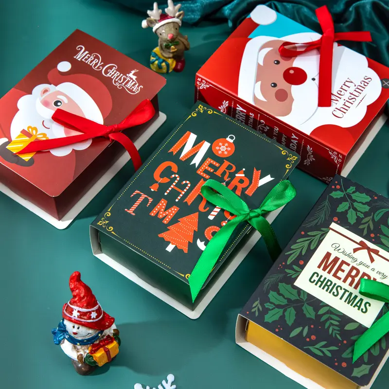 Boîtes cadeaux pliables de noël, boîte d'emballage en papier en forme de livre de bonbons et biscuits au chocolat avec ruban