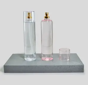 Botella de spray de plástico con perfume, 250ml, cuidado de serigrafía, botella de plástico PET transparente cosmética con bomba de pulverización de aluminio