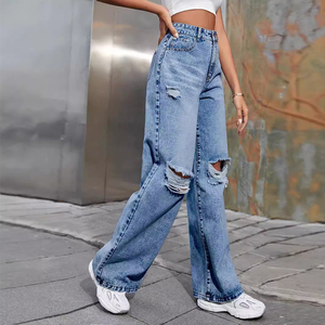 2025 Best-seller Jeans européens et américains pour femmes Ins Jeans décontractés à la mode déchirés polyvalents à taille haute et à jambes larges - Product Image 3