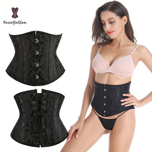 Corpiño con brocado para el pecho, corsé de entrenamiento de cintura de acero 24, Waspie negro sólido con cuerda - Product Image 6