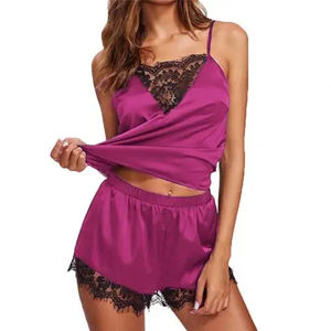 Pyjamas en soie de glace pour femmes-Ensemble de pyjamas-Chemises de nuit-Chemise de nuit Camisole Shorts-Noir-Rouge L XL-Dentelle décontractée-Sexy-Smooth - Product Image 1