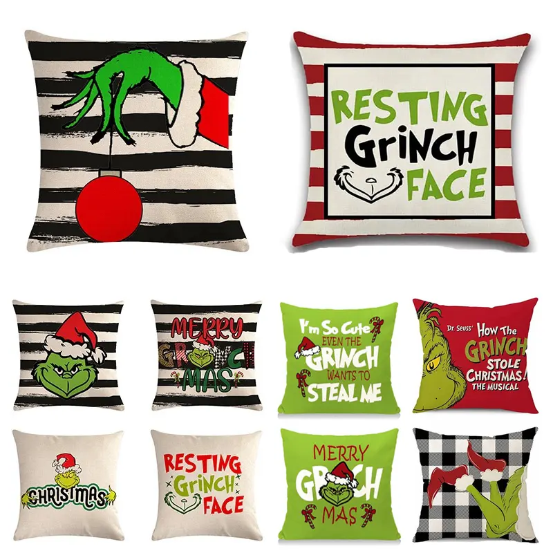 Dekorasi Natal Grinchmas cetak sarung bantal 45x45 cm Linen lempar sarung bantal penutup untuk dekorasi Sofa