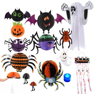 Lanternas de papel dobráveis decoradas em 3D para pendurar Halloween, abóboras aranhas bruxas assustadoras. Lanternas de papel coloridas redondas penduradas