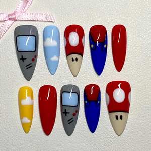 Set de Uñas Rosadas para el Día de San Valentín con Perlas 3D, Uñas Postizas de Ojo de Gato Azul y Rojo, Uñas Personalizadas Pintadas a Mano de Alta Calidad - Product Image 5