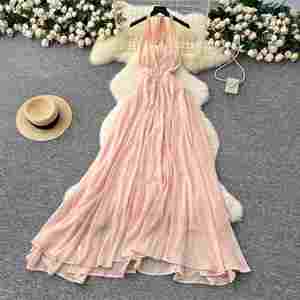 Robe midi décontractée pour femme, d'été, tissée, durable, respirante, infroissable, style romain, col en V, coupe ajustée, dos nu, en dentelle, style Empire - Product Image 2