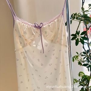 2025 Summer New French Style Pure and Cute Nightgown for Women, Solid Color Camisole with <b>Bow</b> and Print, Pajamas and Loungewear - Product Image 2