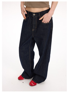 Jeans en denim brut de haute qualité avec logo personnalisé, 13 oz, coupe droite ample, coupe décontractée, pour hommes, femmes, unisexe - Product Image 2