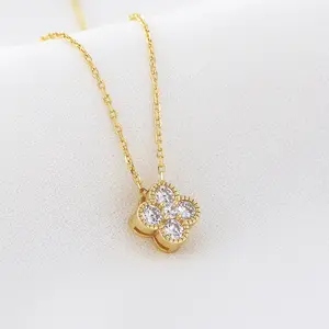 Fine Jewelry 18k Gold Plated Zircon Diamond Lucky Four 4 Leaf Clover Pendant Necklace 925 Sterling Silver