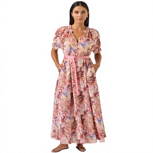 Robe longue maxi rose à imprimé abstrait pour femme, col en V, manches courtes, avec ceinture à nouer – Robe longue fluide bohème pour soirée d'été - Product Image 2