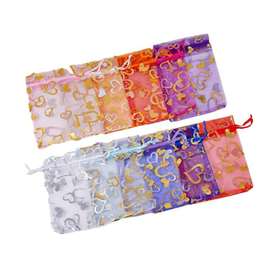 Sacs à cordon en organza Sacs de mariage Sacs à bijoux en organza Pochette cadeau avec motif coeur doré - Product Image 5