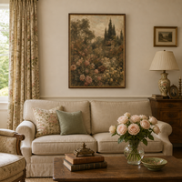 Peinture Impressionniste sur Toile de Jardin de Roses Vintage avec Pont en Pierre, Encadrée, Grande Décoration Murale Moderne pour Salon