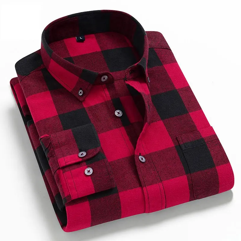 Neue Mode langärmelig Front Knopfverschluss Revers Plattiert Überprüfung Musterhemd Herren Streetwear 100 % Baumwolle Übergrößenhemd