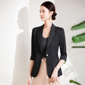 Women's Black Blazer Slim Fit Mid Sleeve Breathable Polyester Spring Summer Casual Suit Jacket - Product Image 1
