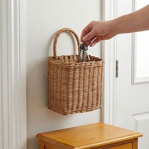 Cesta de Almacenamiento de Mimbre Tejido Rectangular con Asa, Organizador de Utensilios de Cocina para Montar en la Pared, Cesta de Mimbre Natural - Product Image 4