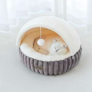 Кровать для кошки с навесом и открытым гнездом мягкая плюшевая домашняя теплая спальная кровать для домашних кошек маленьких собак зимняя подушка - Product Image 3