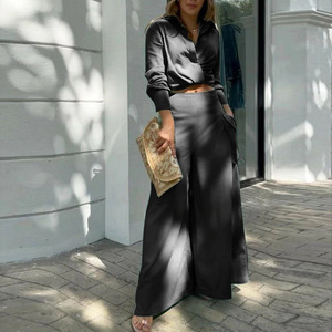 Conjunto <span class=keywords><strong>de</strong></span> Dos Piezas para <span class=keywords><strong>Mujer</strong></span>, Camisa Casual <span class=keywords><strong>de</strong></span> Manga Larga o Corta <span class=keywords><strong>de</strong></span> Color Sólido y Pantalones <span class=keywords><strong>de</strong></span> Pierna Ancha <span class=keywords><strong>de</strong></span> Cintura Alta - Product Image 4