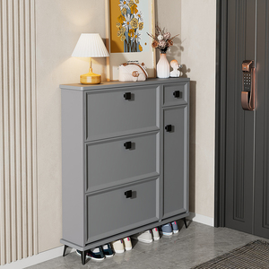 Mueble Zapatero Moderno de Madera, Estrecho y Delgado, <span class=keywords><strong>con</strong></span> Estantes Ajustables, Organizador de Zapatos <span class=keywords><strong>con</strong></span> 3 <span class=keywords><strong>Cajones</strong></span> Abatibles y 4 Puertas - Product Image 6